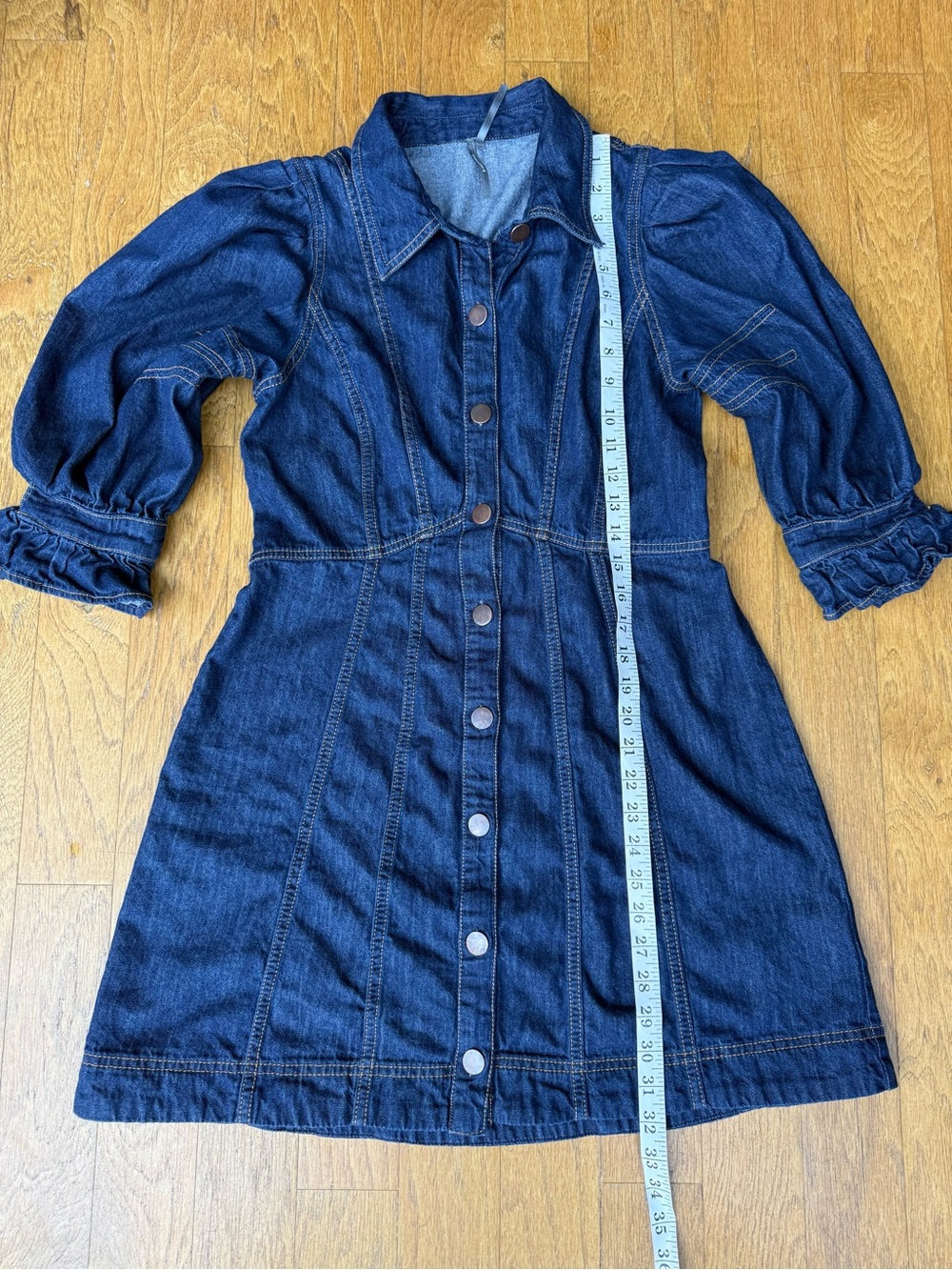 Anthropologie Button-up, Collared 3/4 Puff Sleeve Mini Blue Jean Dress Size 8 - Picture 4 of 12
